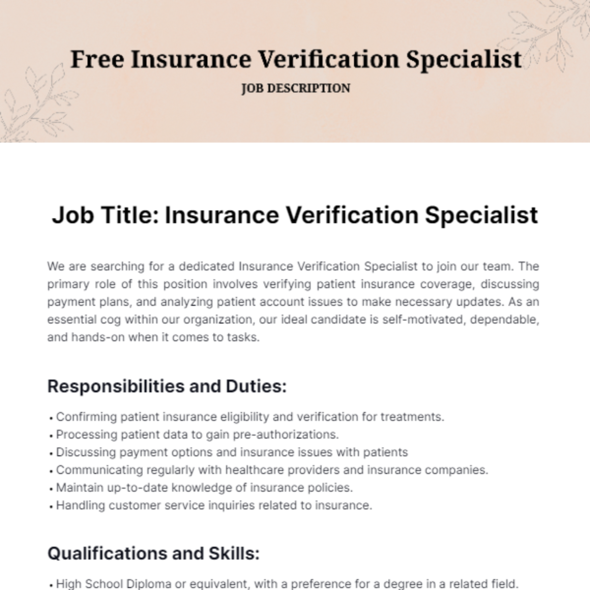 Free Insurance Verification Specialist Job Description Template