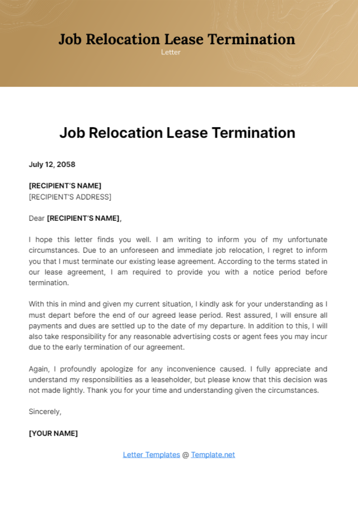 Free Job Relocation Lease Termination Letter Template