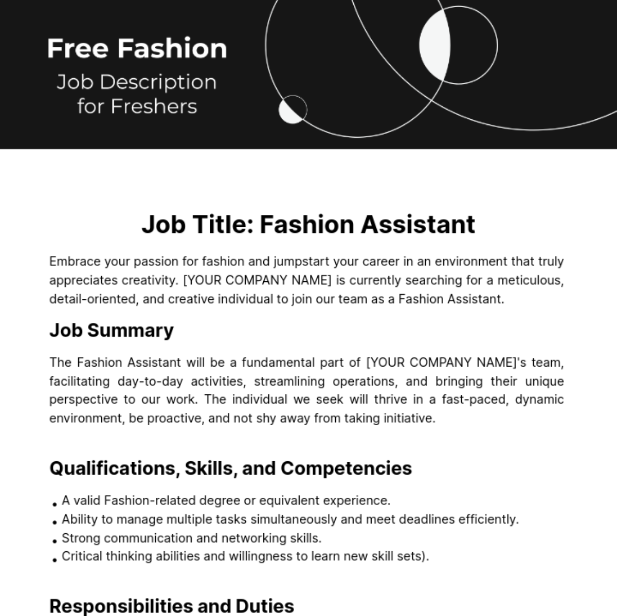 Free Fashion Job Description for Freshers Template