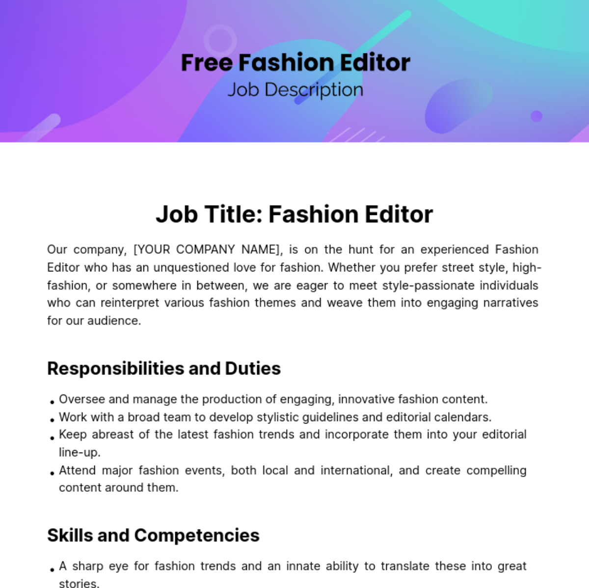 Fashion Editor Job Description Template