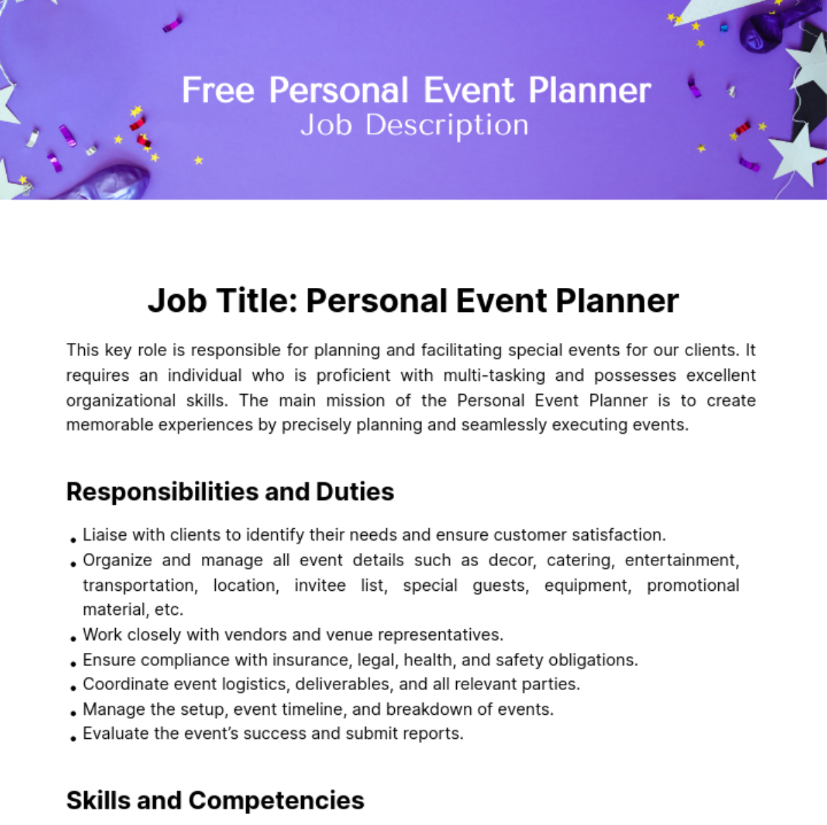 Personal Event Planner Job Description Template