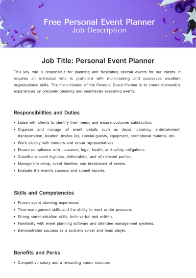 Free Personal Event Planner Job Description Template to Edit Online