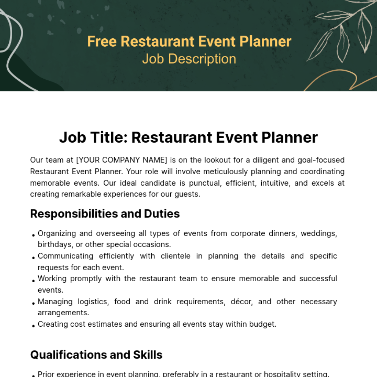 Restaurant Event Planner Job Description Template