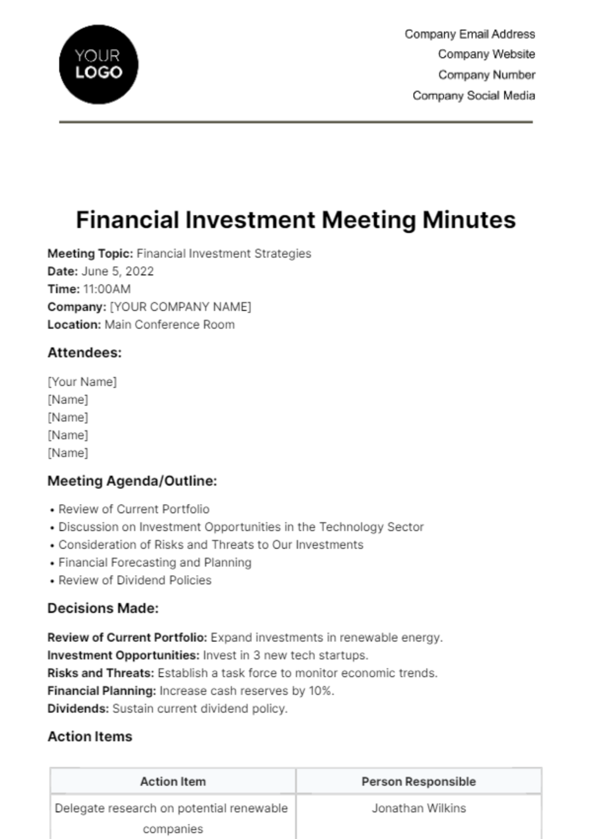 Free Financial Investment Meeting Minute Template