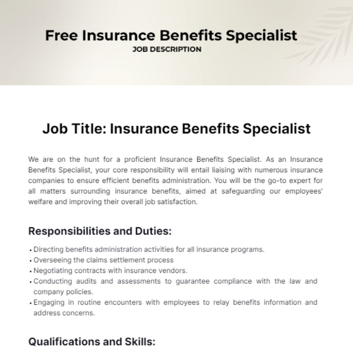 Free Insurance Benefits Specialist Job Description Template