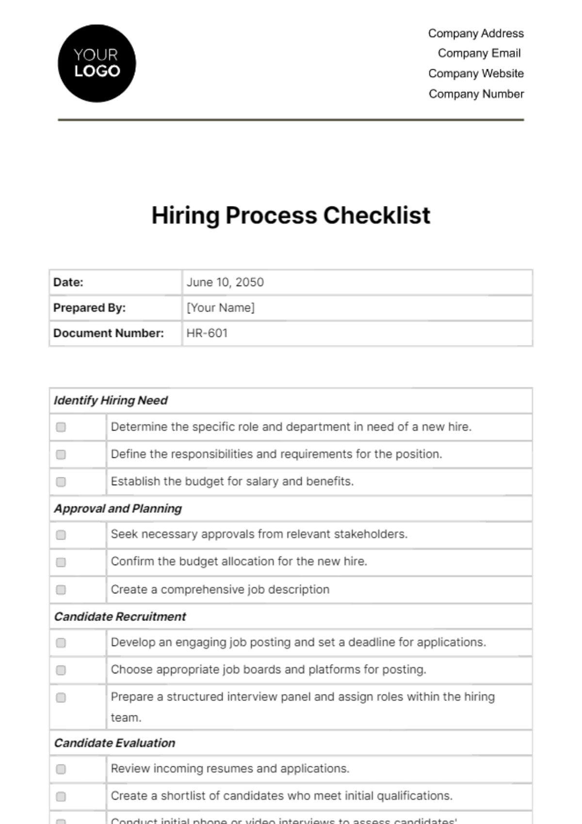 Free Hiring Process Checklist HR Template