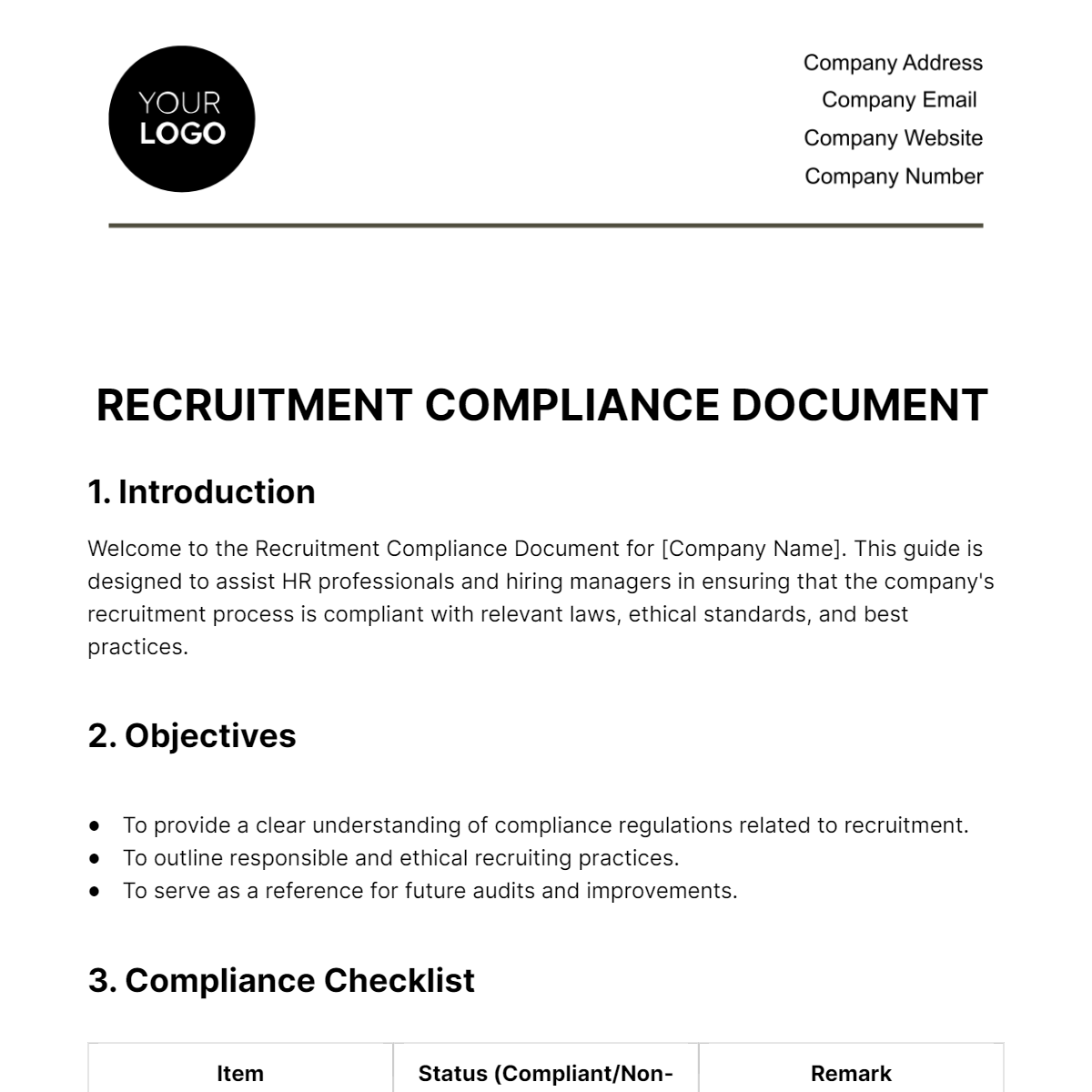 Recruitment Compliance Document HR Template