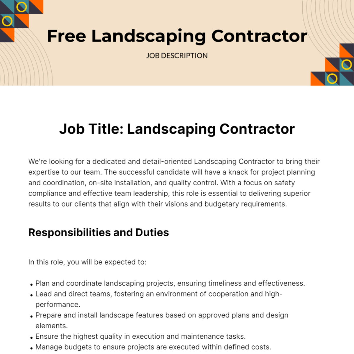 Free Landscaping Contractor Job Description Template