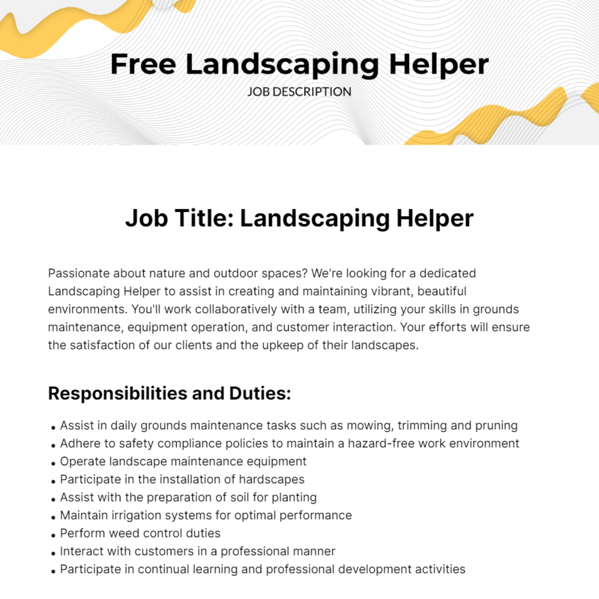 Free Landscaping Helper Job Description Template