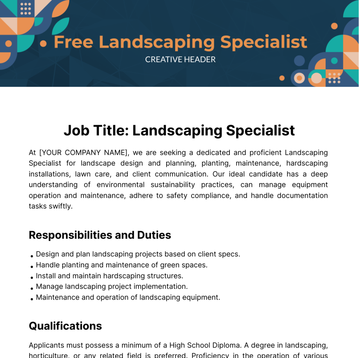 Free Landscaping Specialist Job Description Template To Edit Online