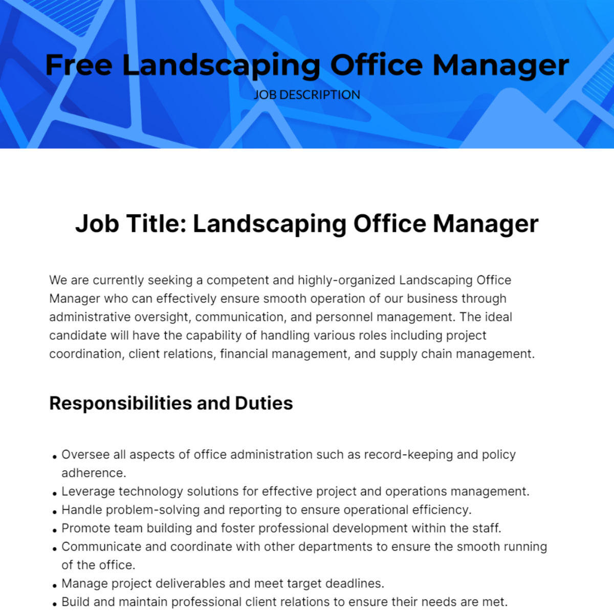 Landscaping Office Manager Job Description Template