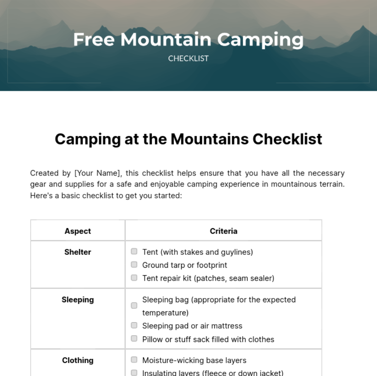 Free Mountain Camping Checklist Template