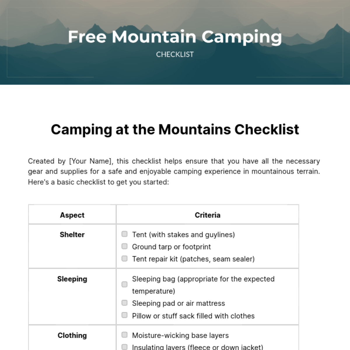 Mountain Camping Checklist Template - Edit Online & Download