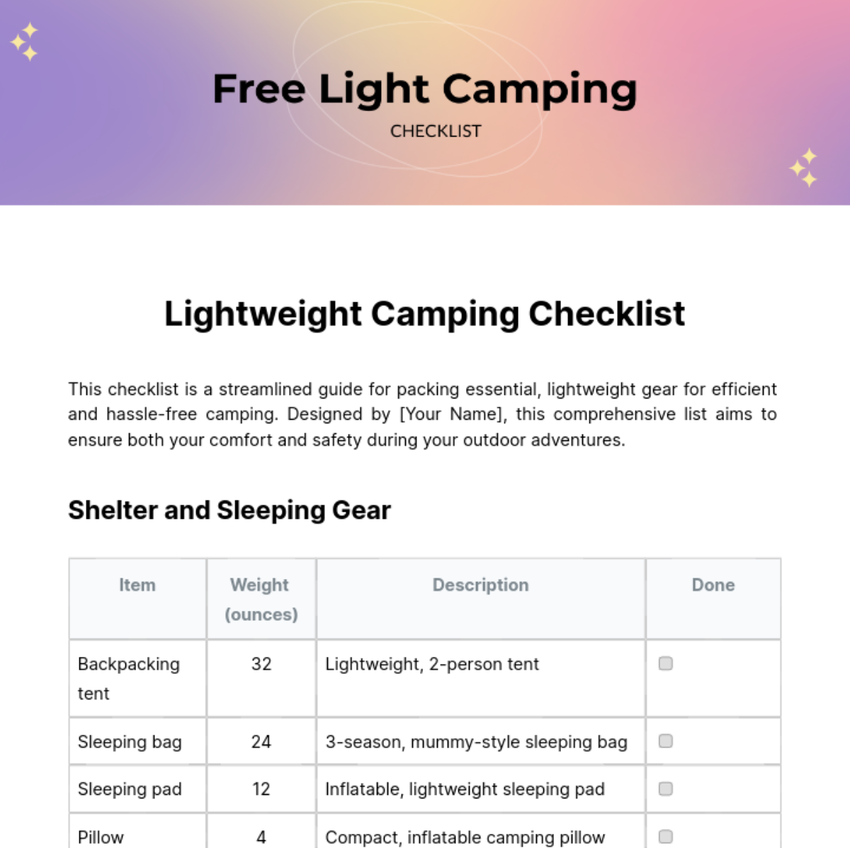 Light Camping Checklist Template