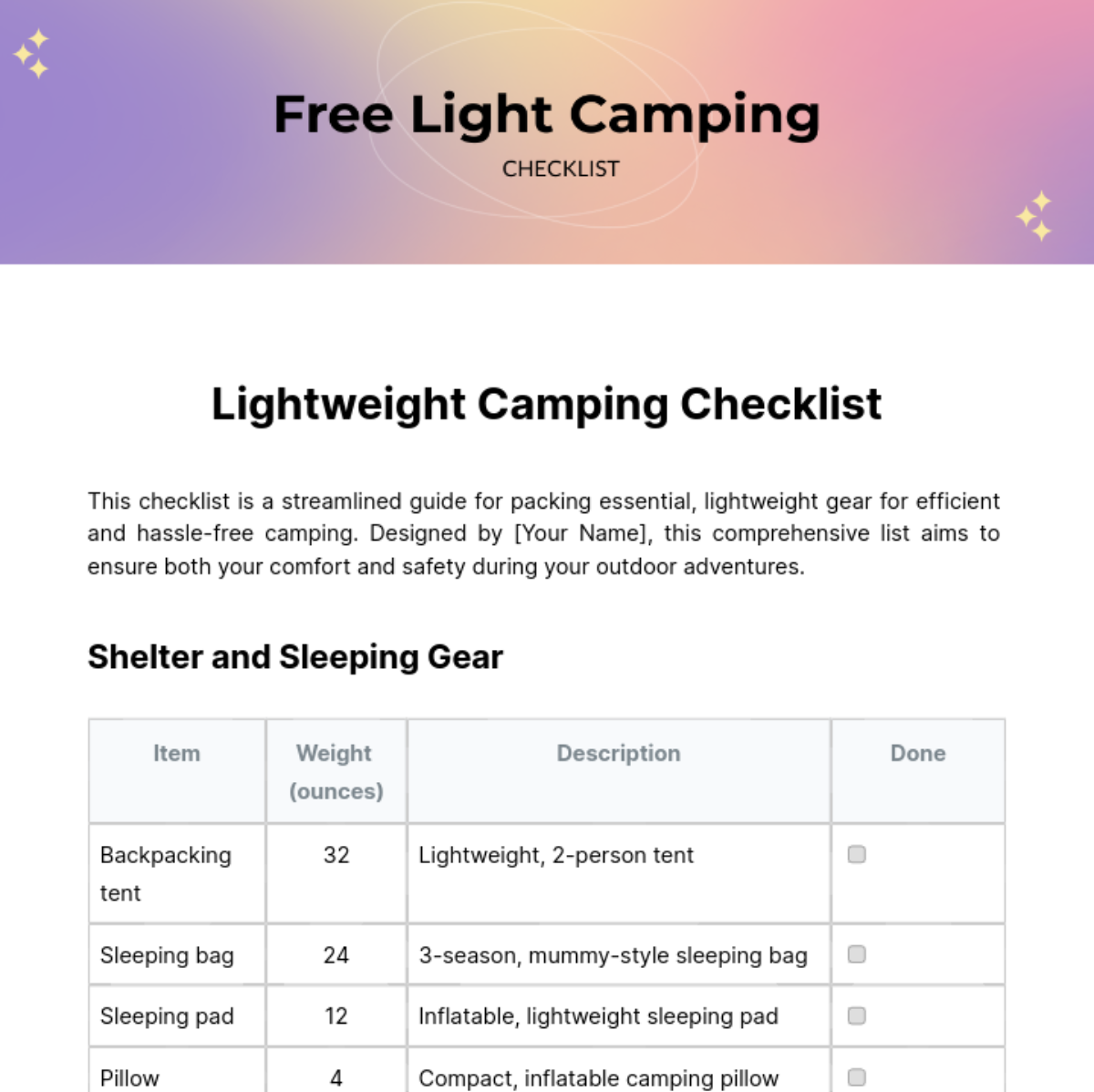 Light Camping Checklist Template - Edit Online & Download