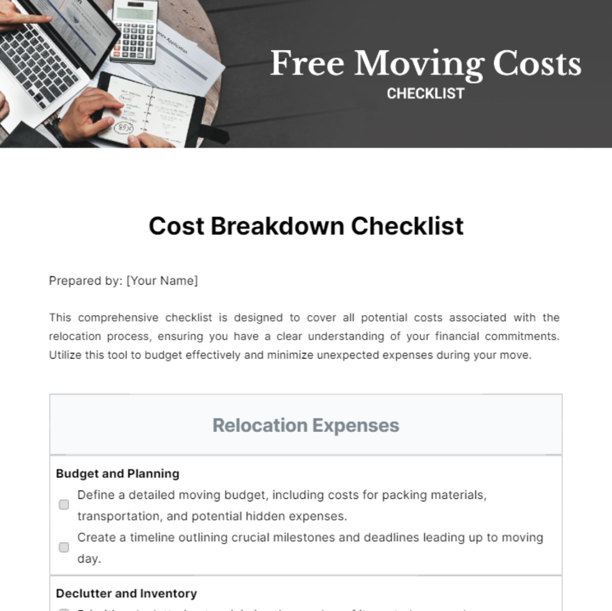 Moving Costs Checklist Template