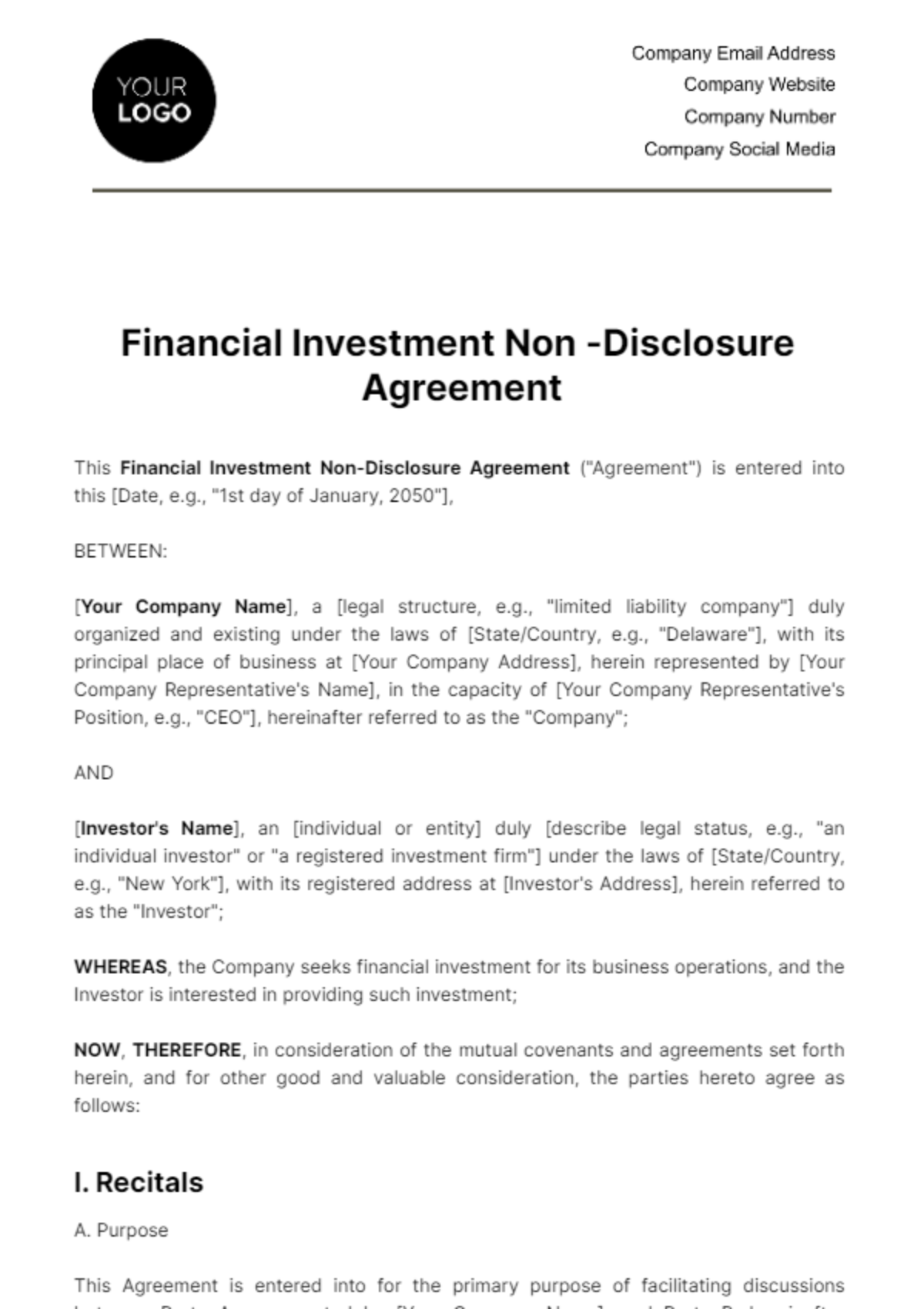 Financial Investment Non-Disclosure Agreement Template