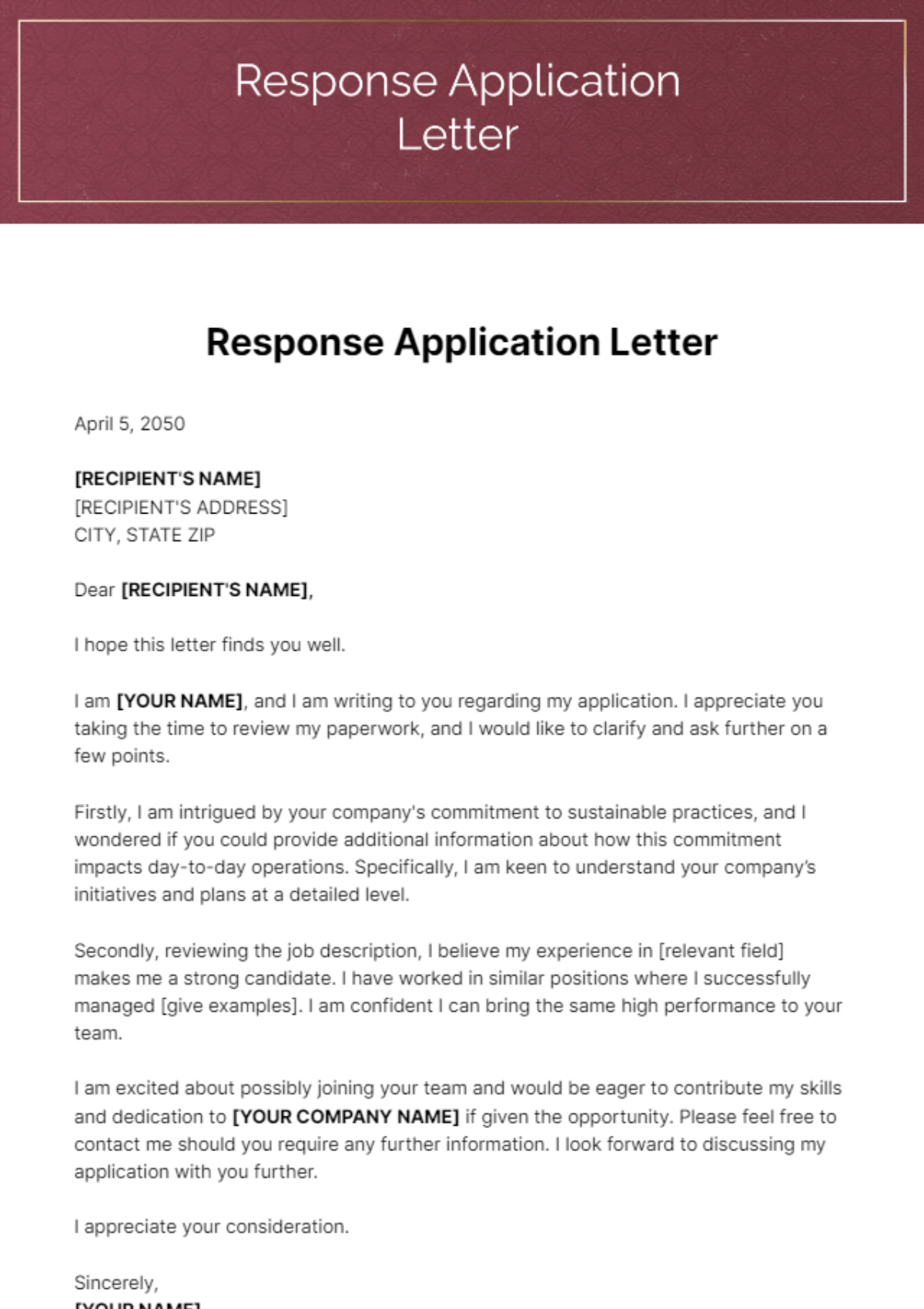 Free Response Application Letter Template