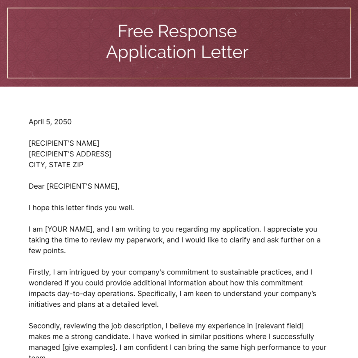 Free Response Application Letter