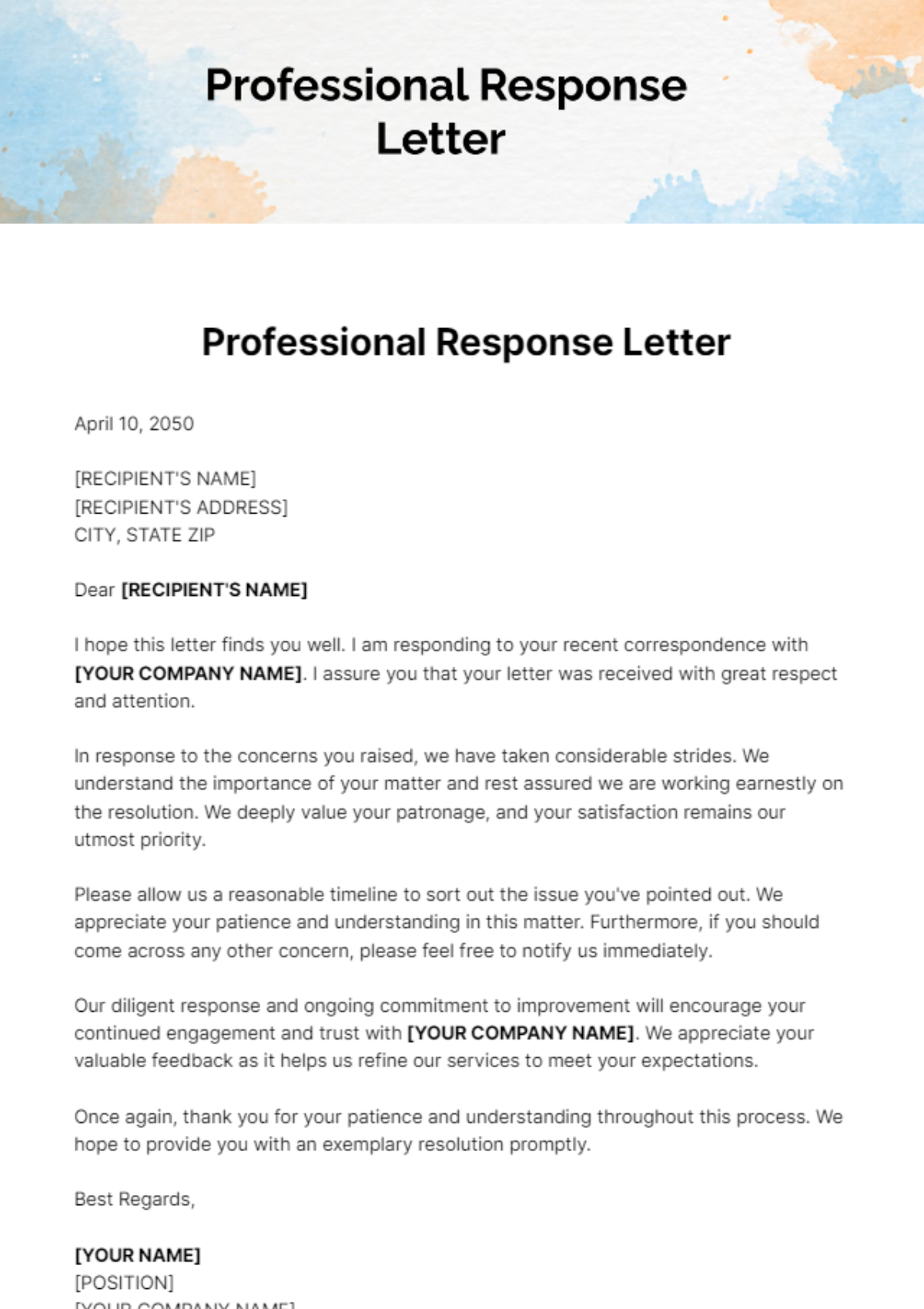 Free Professional Response Letter Template