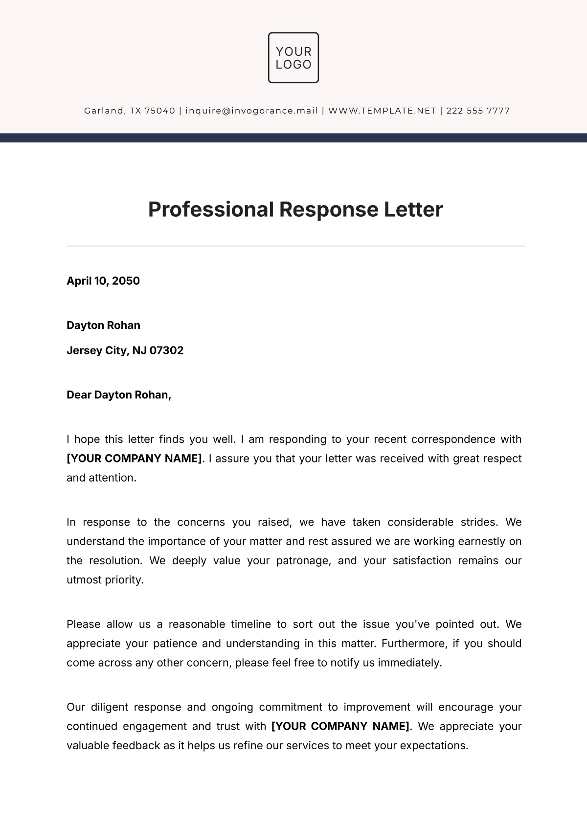 Professional Response Letter Template - Edit Online & Download