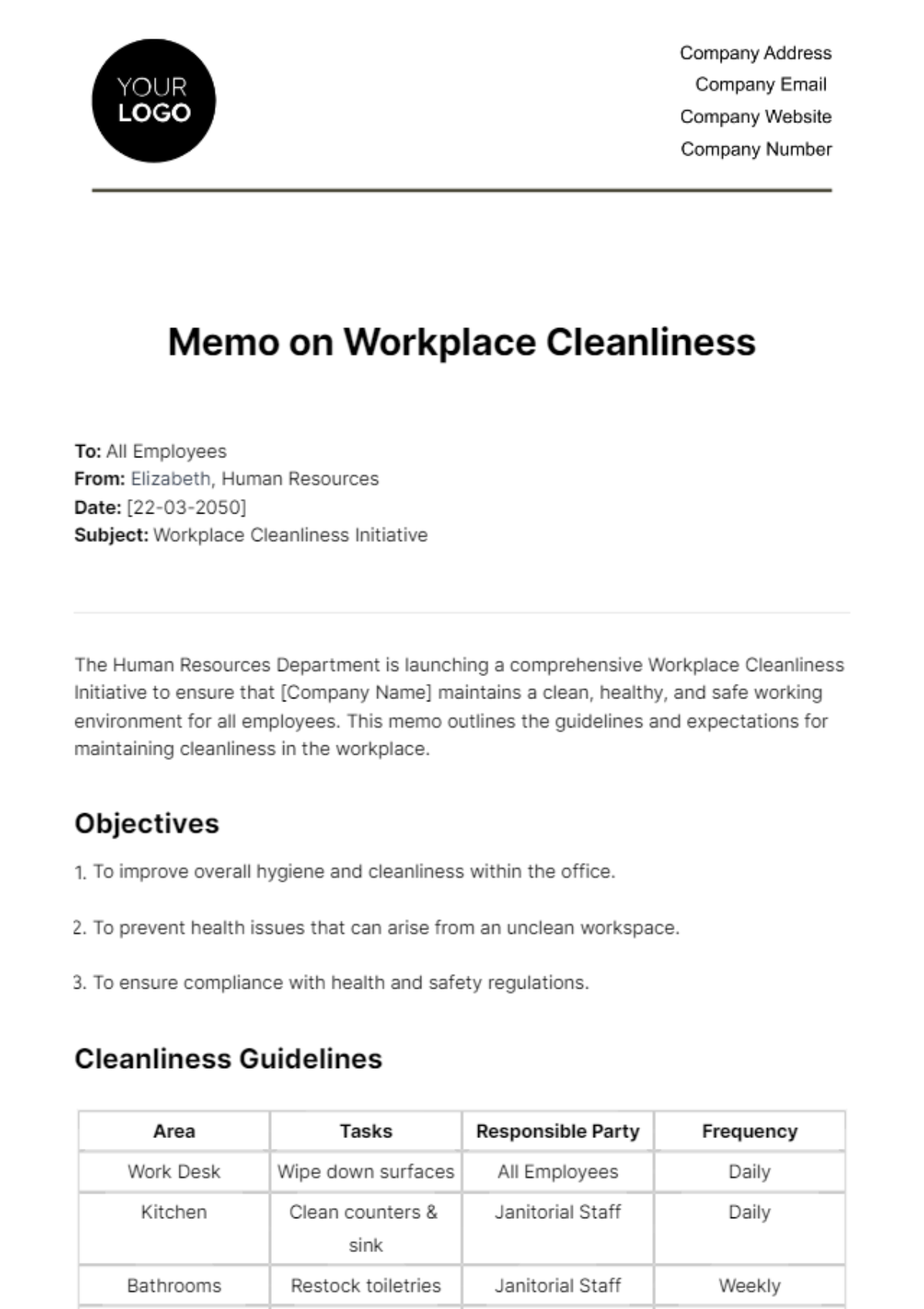 Memo on Workplace Cleanliness HR Template