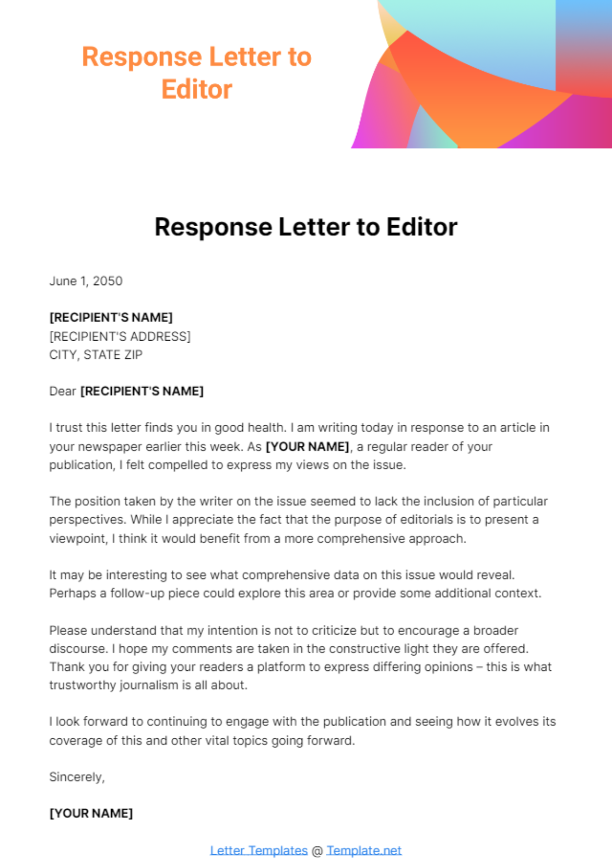 Free Response Letter to Editor Template