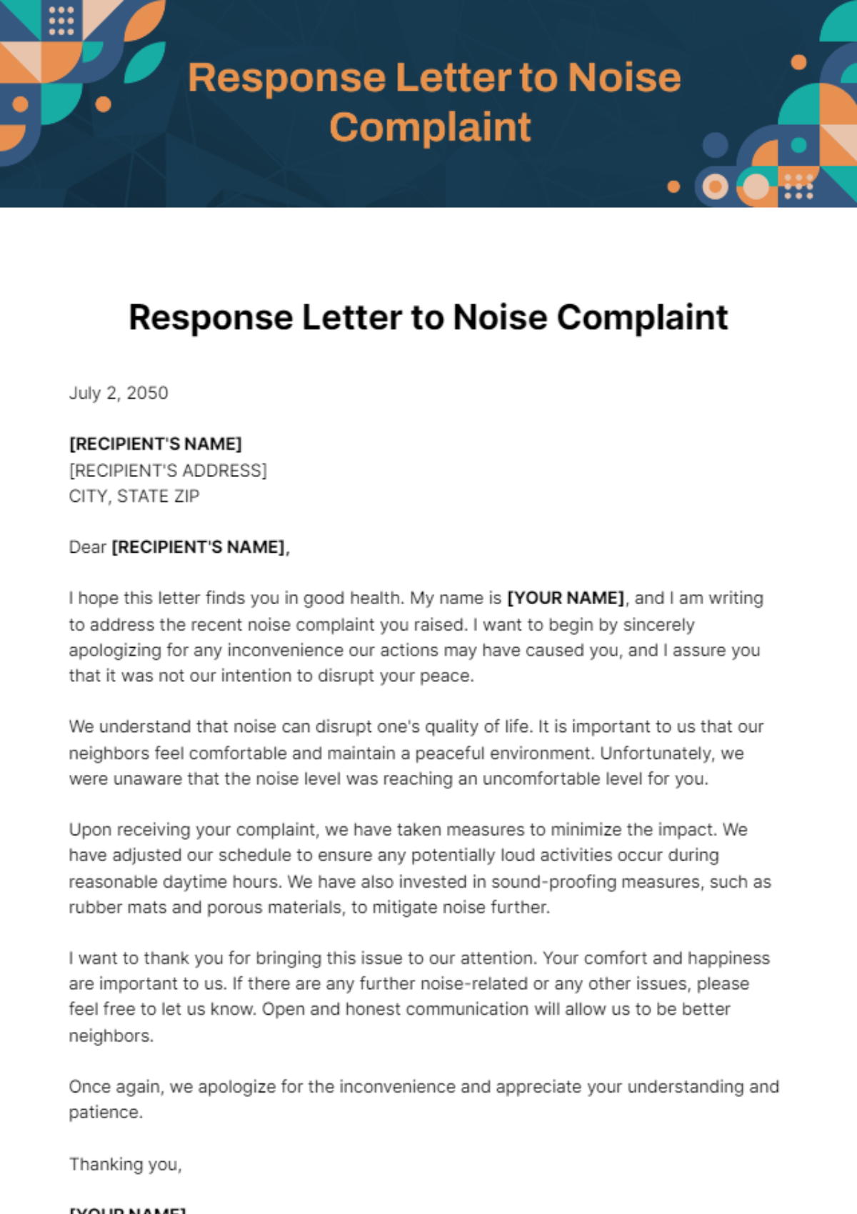 Free Response Letter to Noise Complaint Template