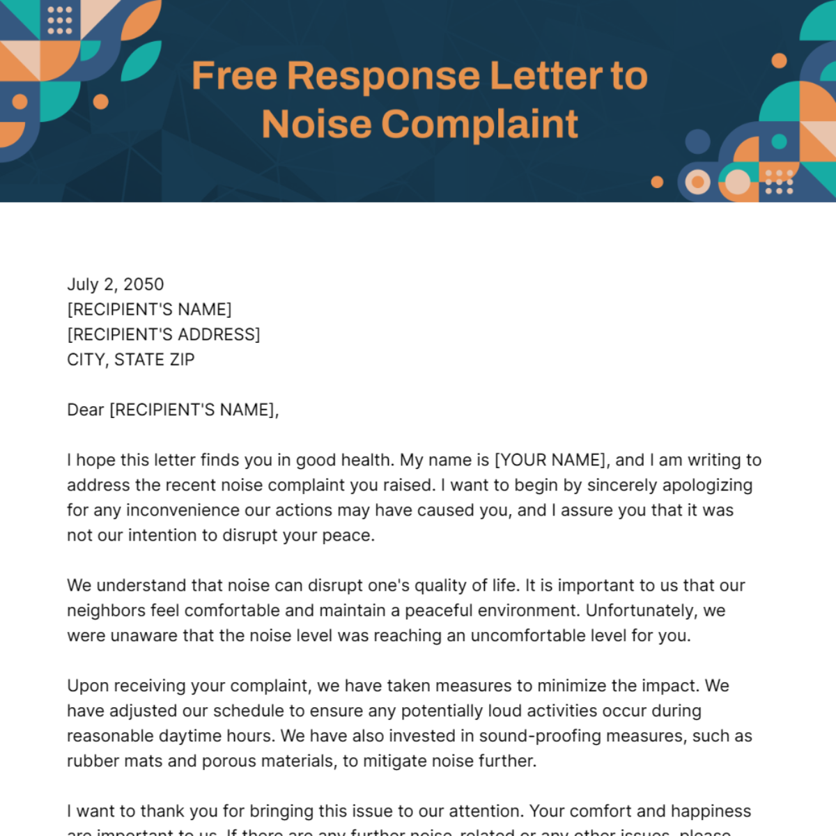 Free Response Letter to Noise Complaint