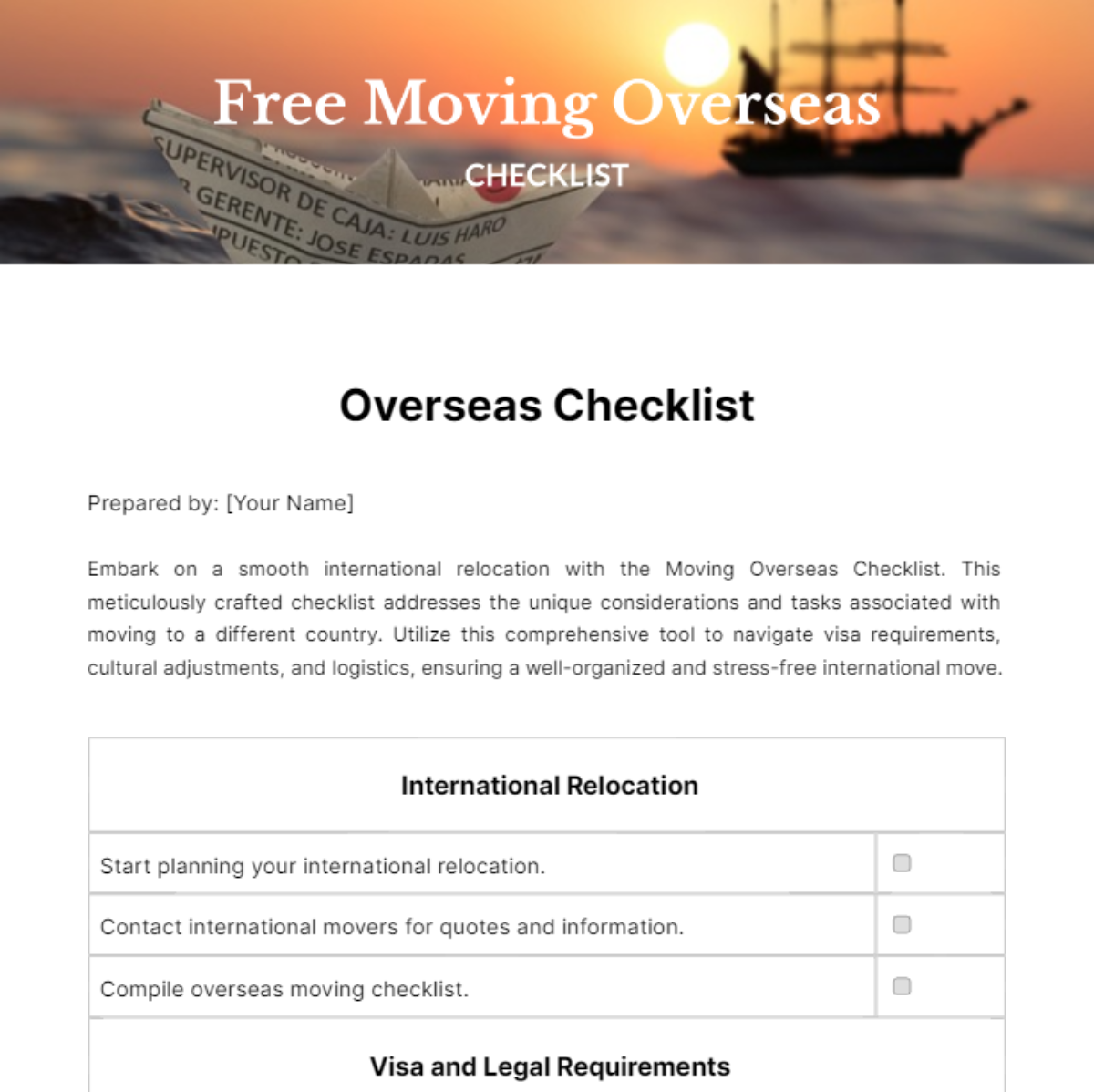 Moving Overseas Checklist Template