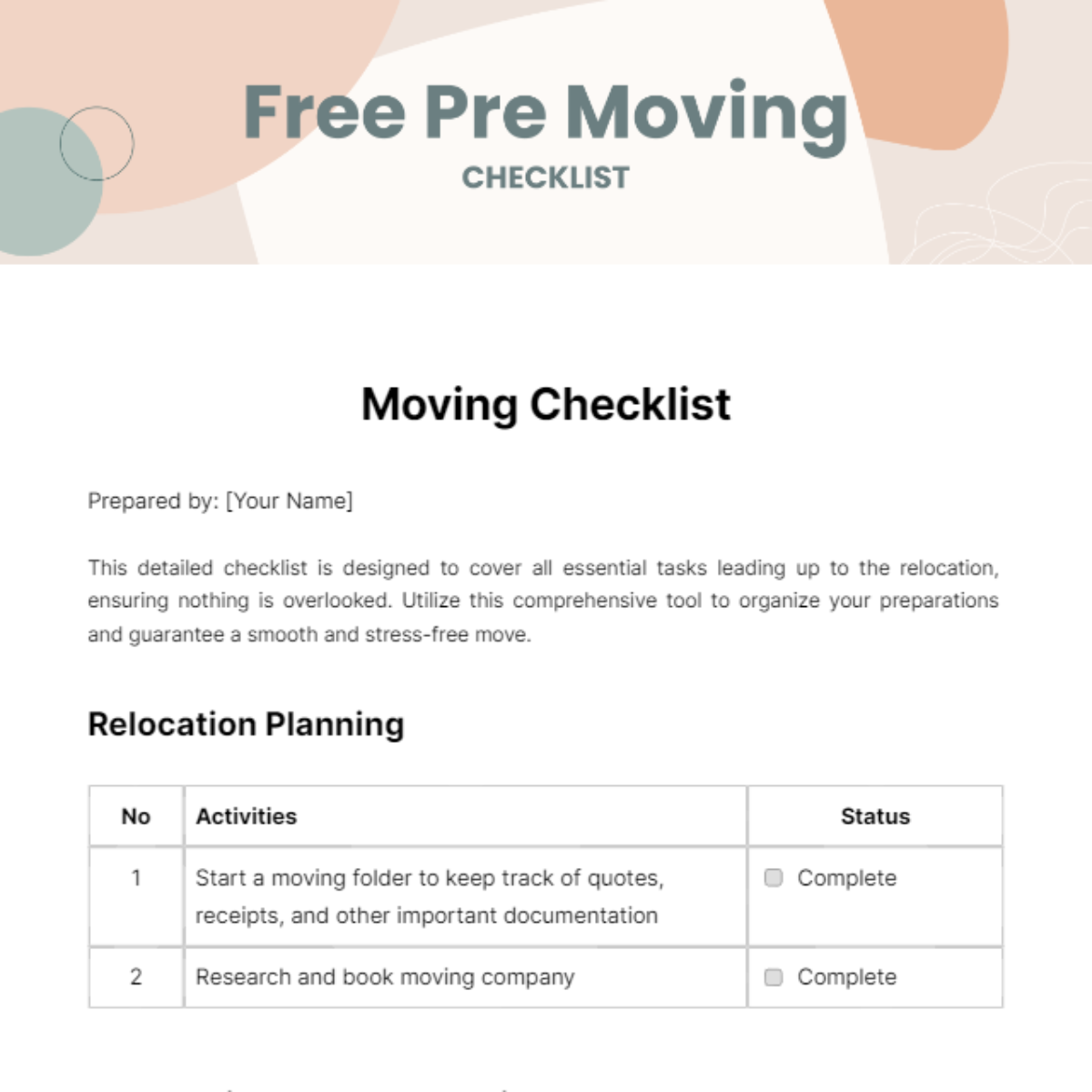 Pre Moving Checklist Template