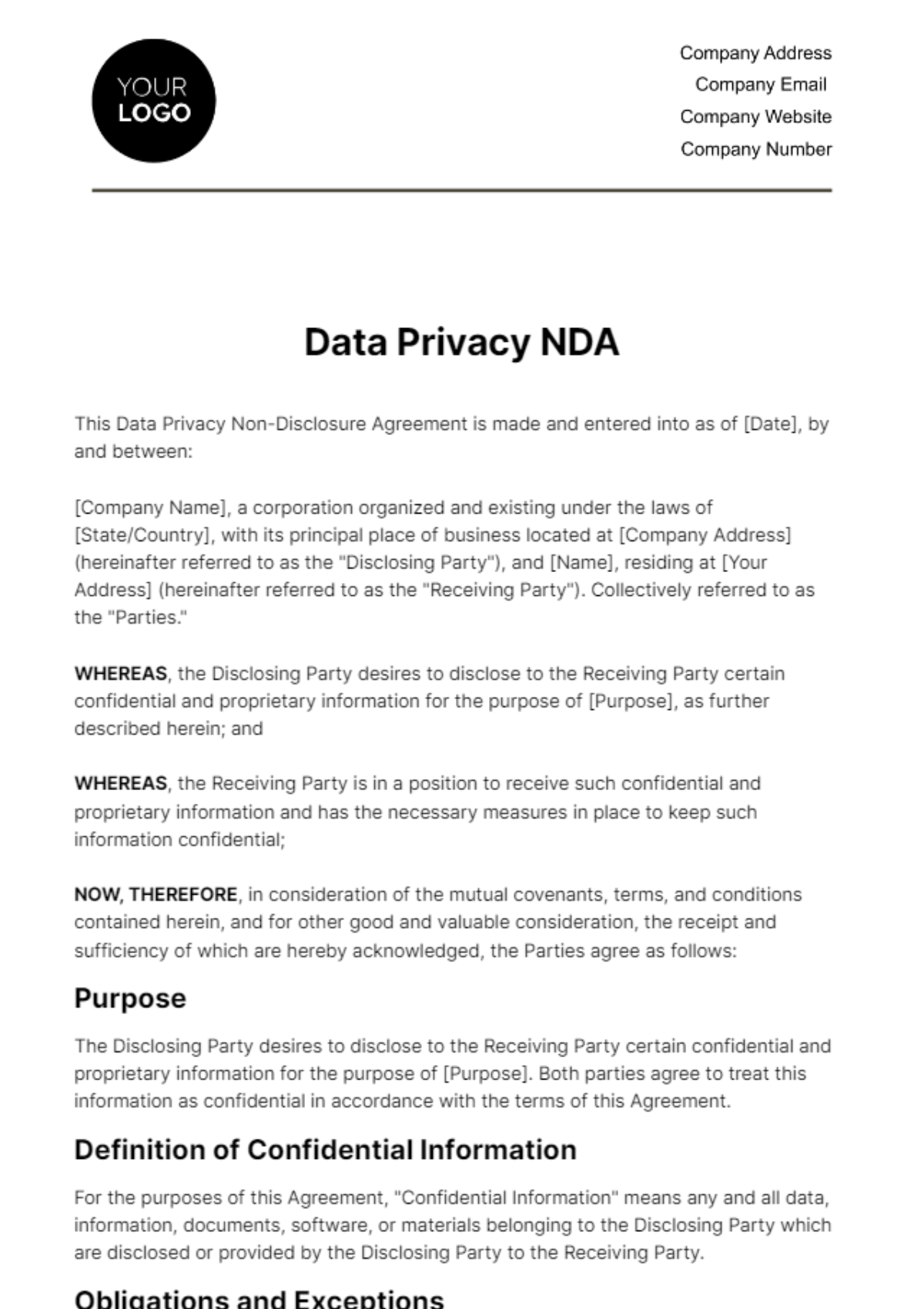 Free Data Privacy NDA HR Template