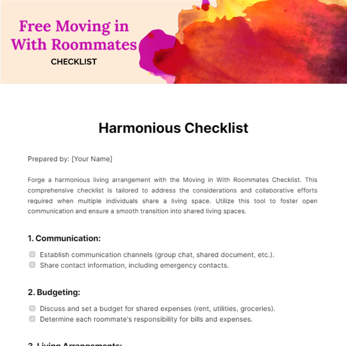 Moving in With Roommates Checklist Template