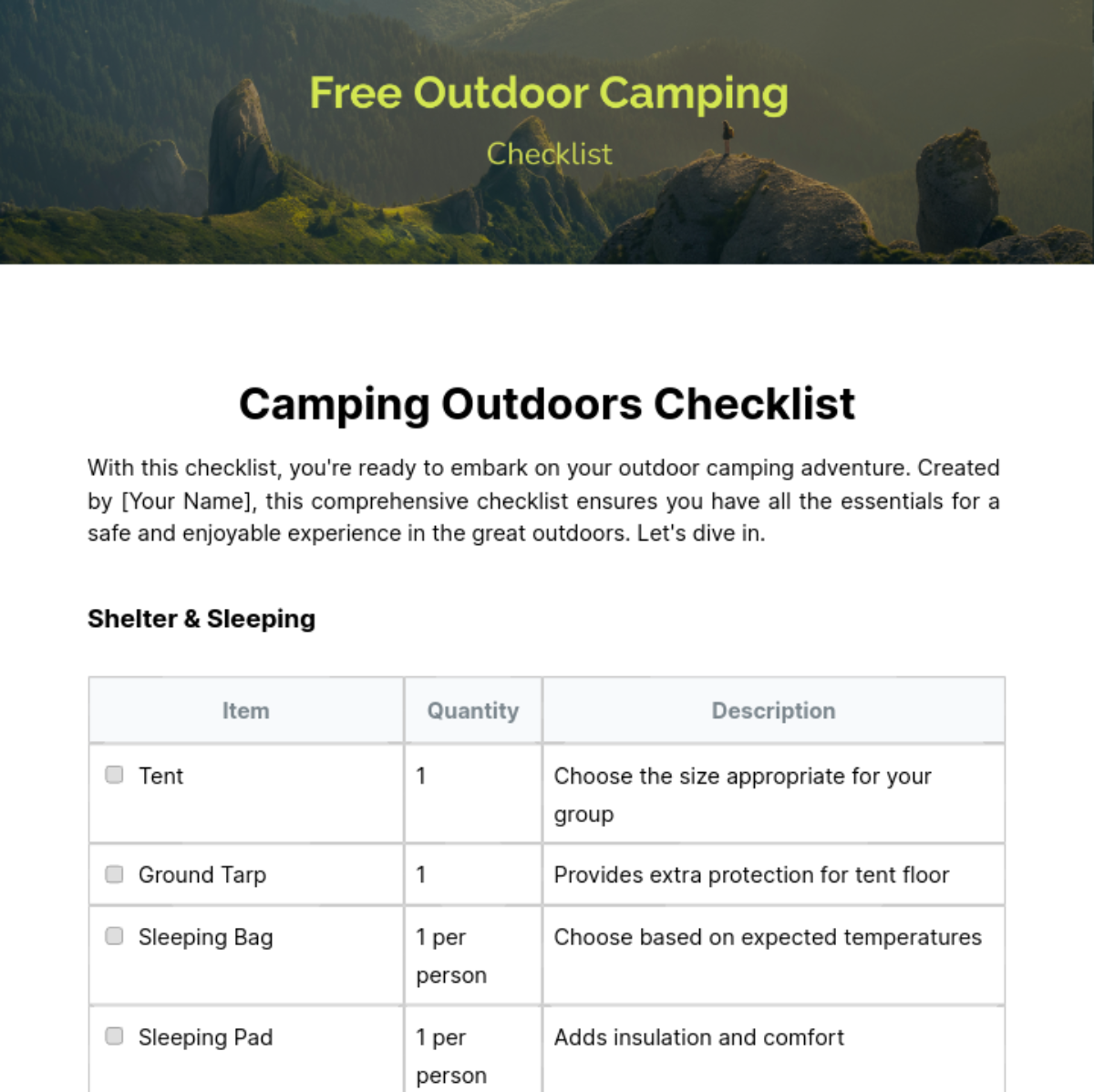 Outdoor Camping Checklist Template