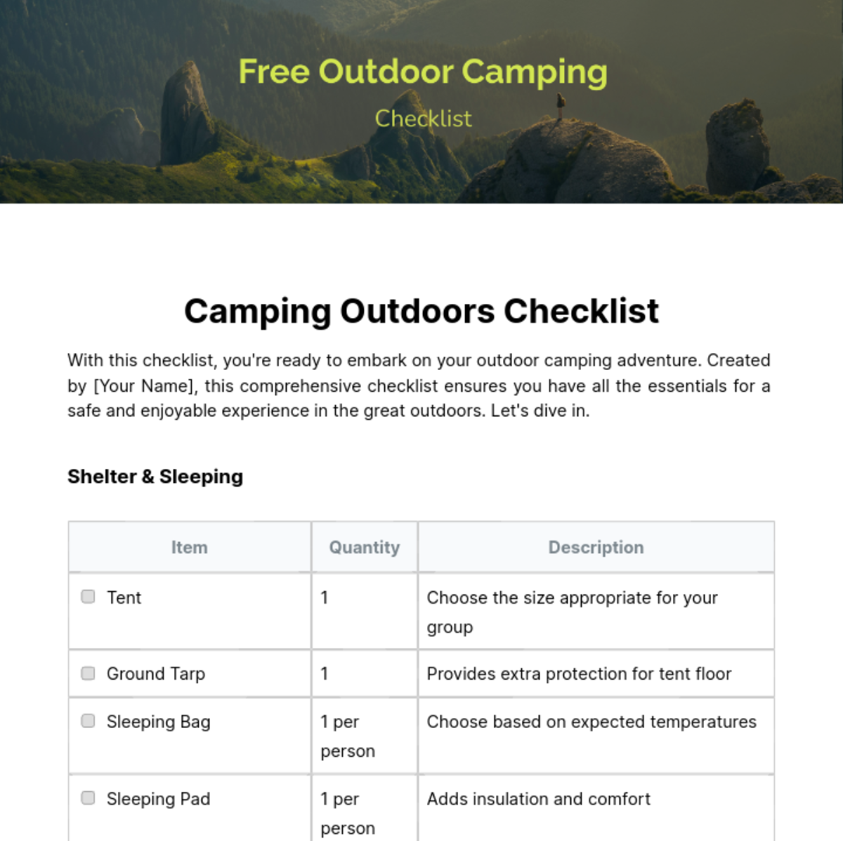 Outdoor Camping Checklist Template - Edit Online & Download