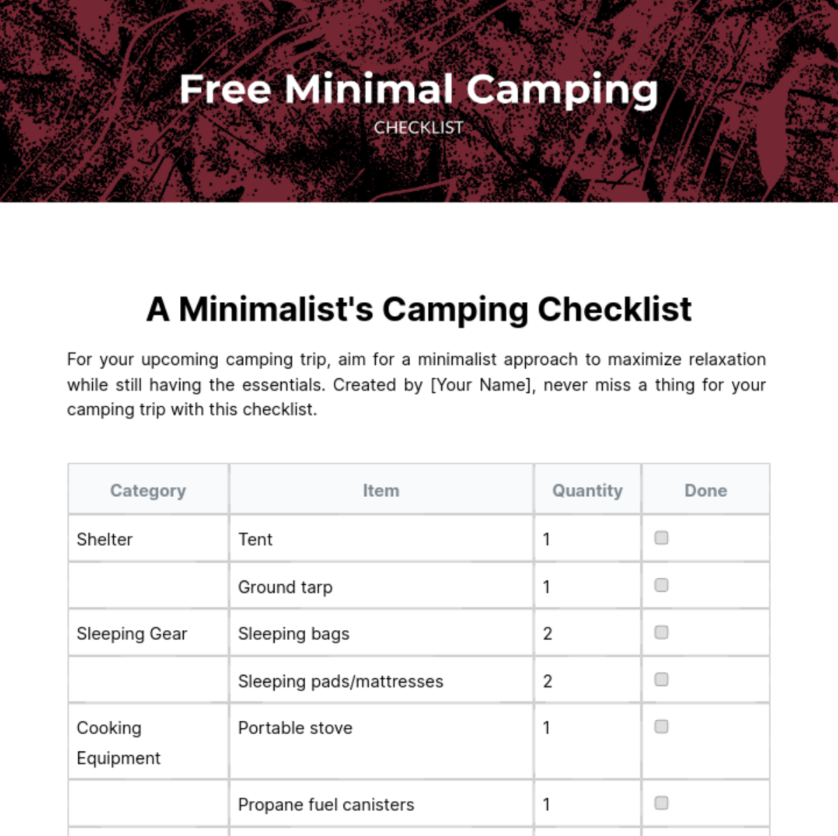 Free Minimal Camping Checklist Template