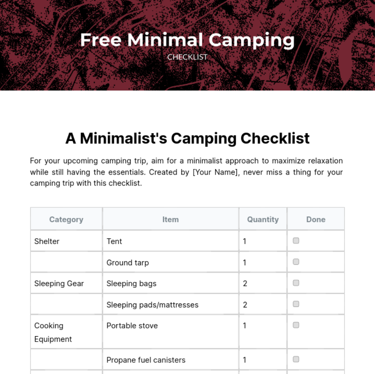 Minimal Camping Checklist Template - Edit Online & Download