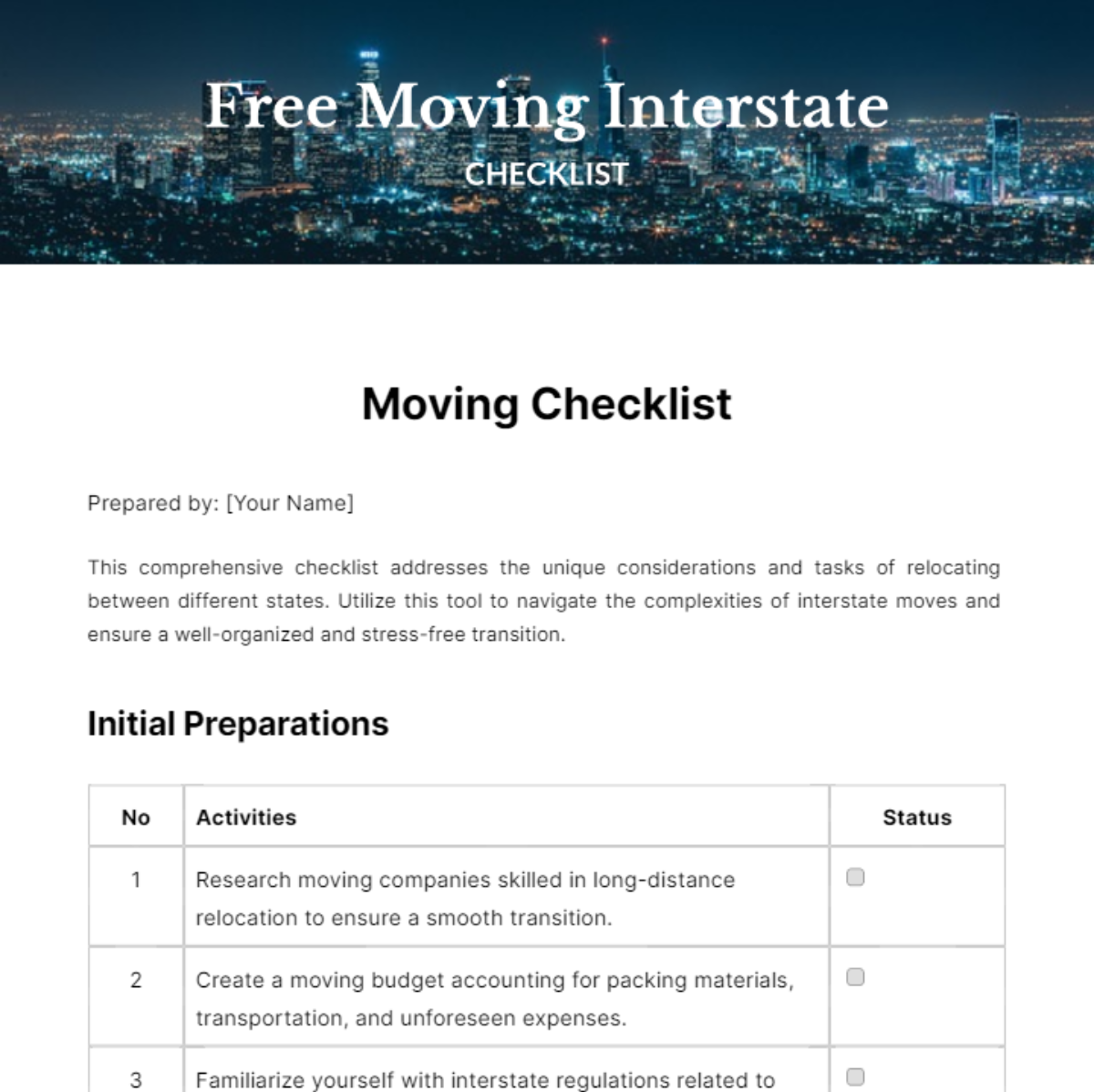 Moving Interstate Checklist Template