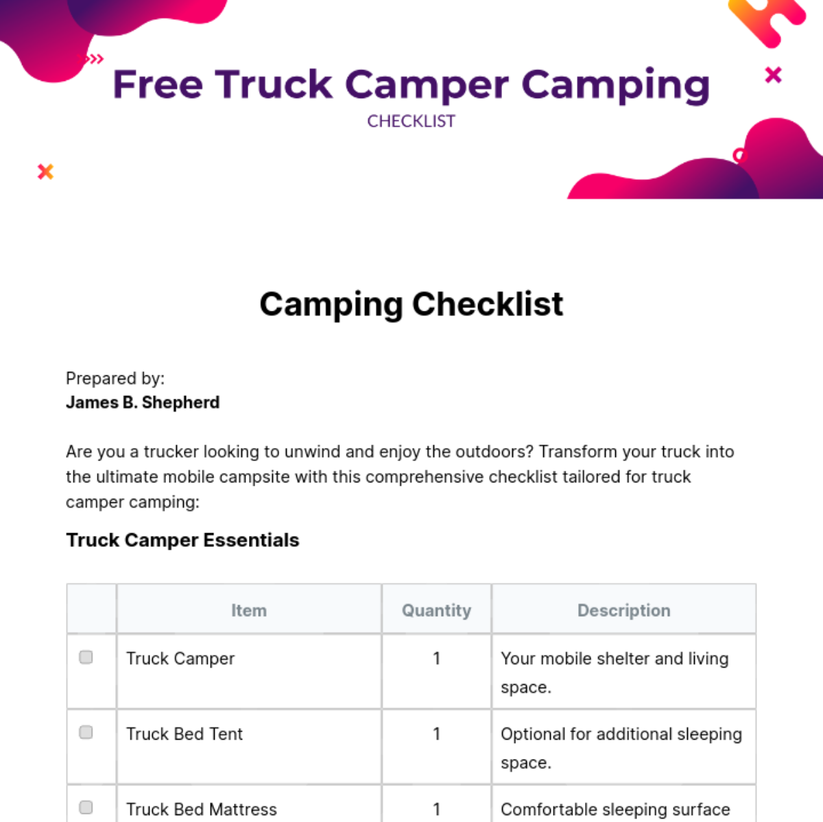 Truck Camper Camping Checklist Template