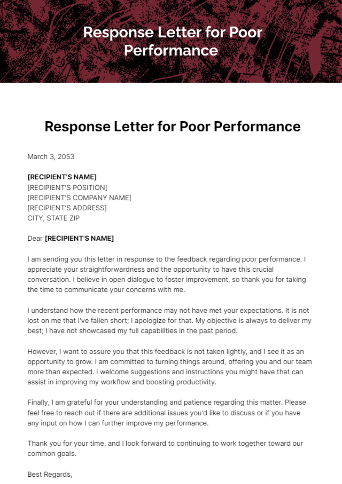 Free Response Letter for Poor Performance Template