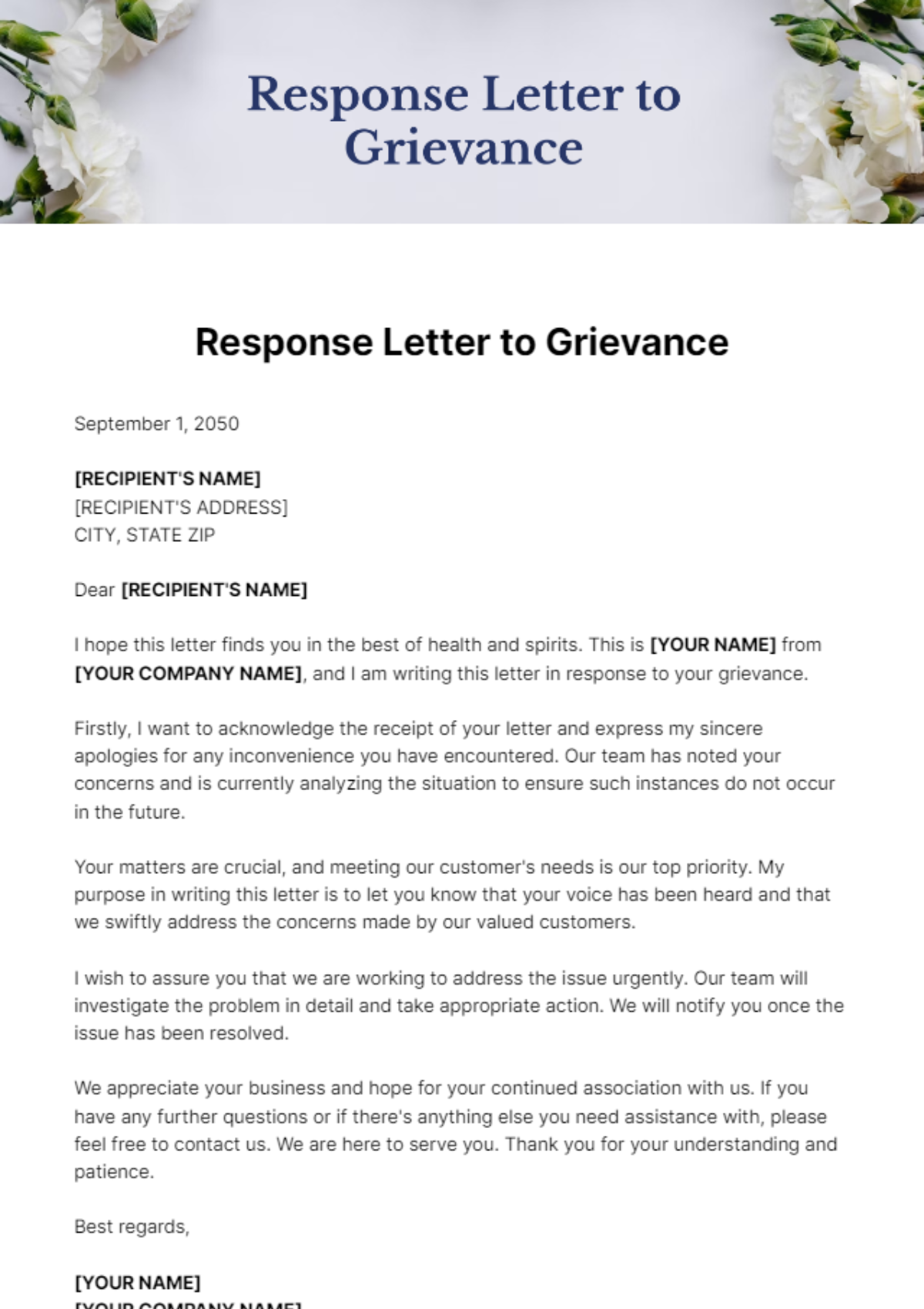 Response Letter to Grievance Template