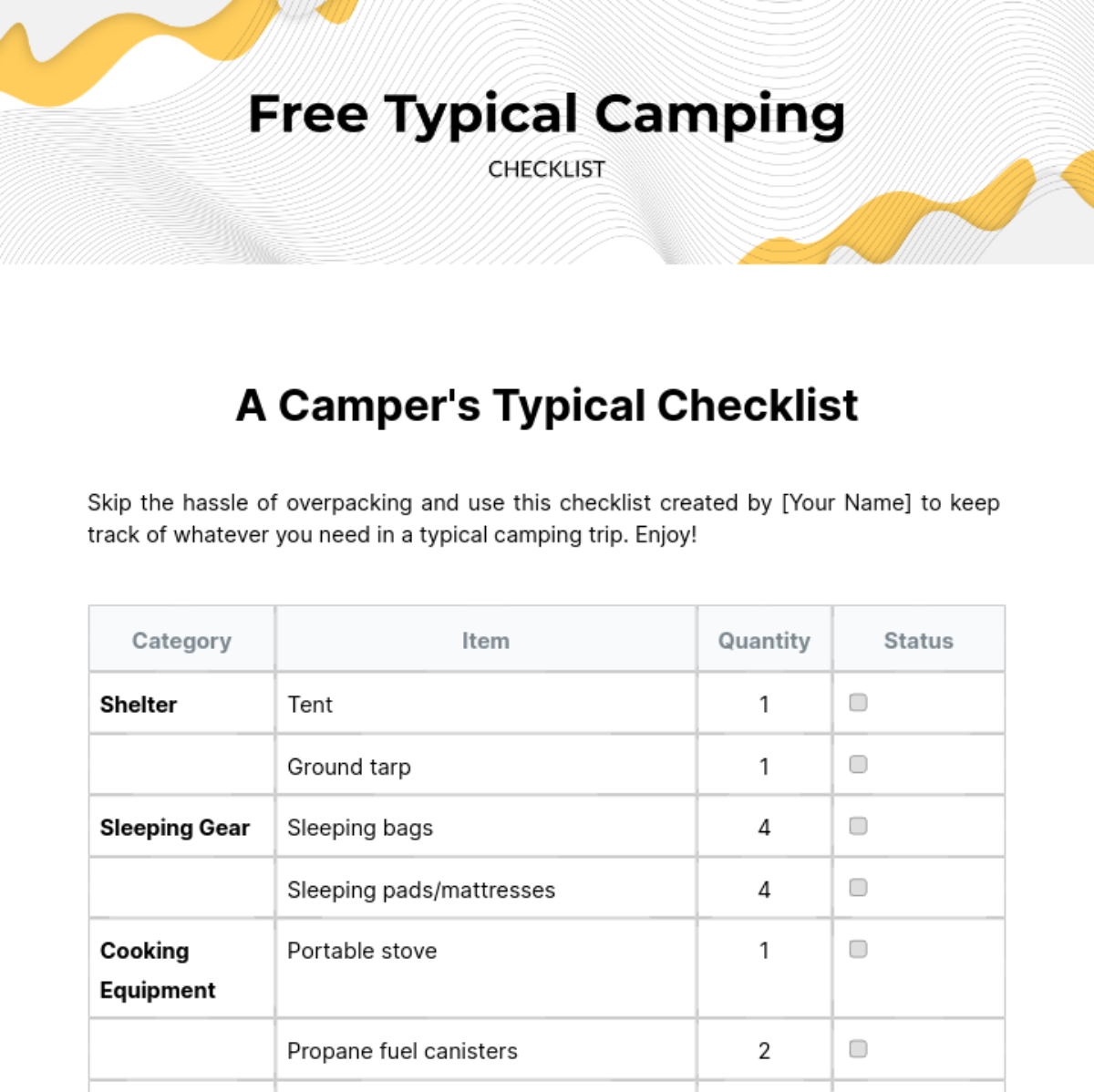 Free Typical Camping Checklist Template