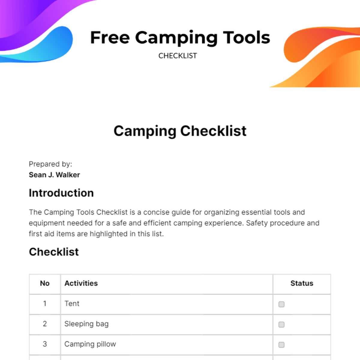 Camping Tools Checklist Template - Edit Online & Download Example ...