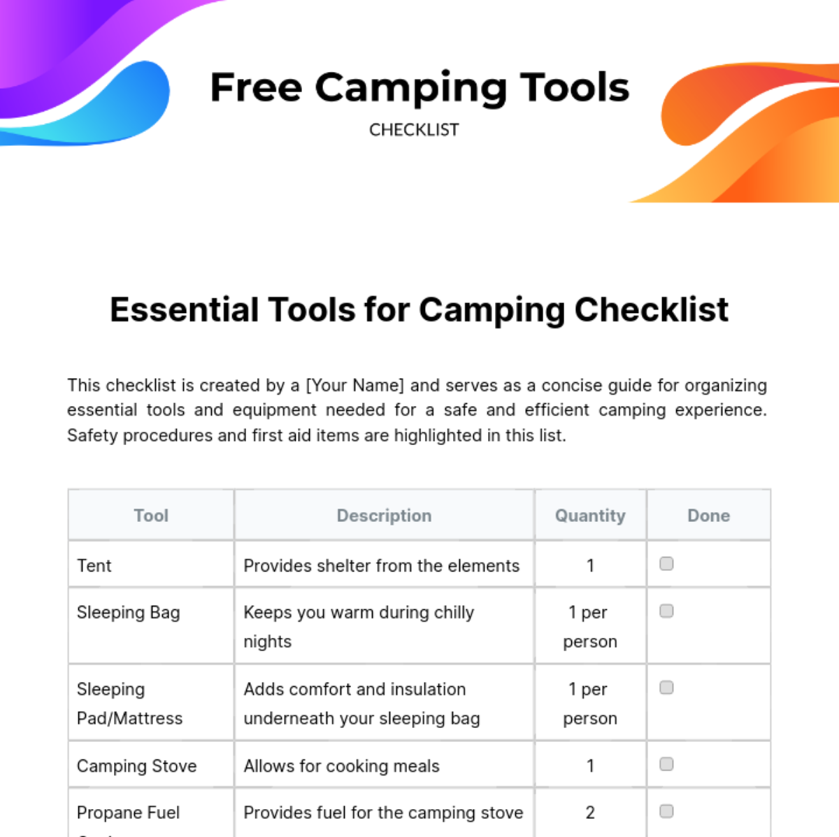 Free Camping Tools Checklist Template