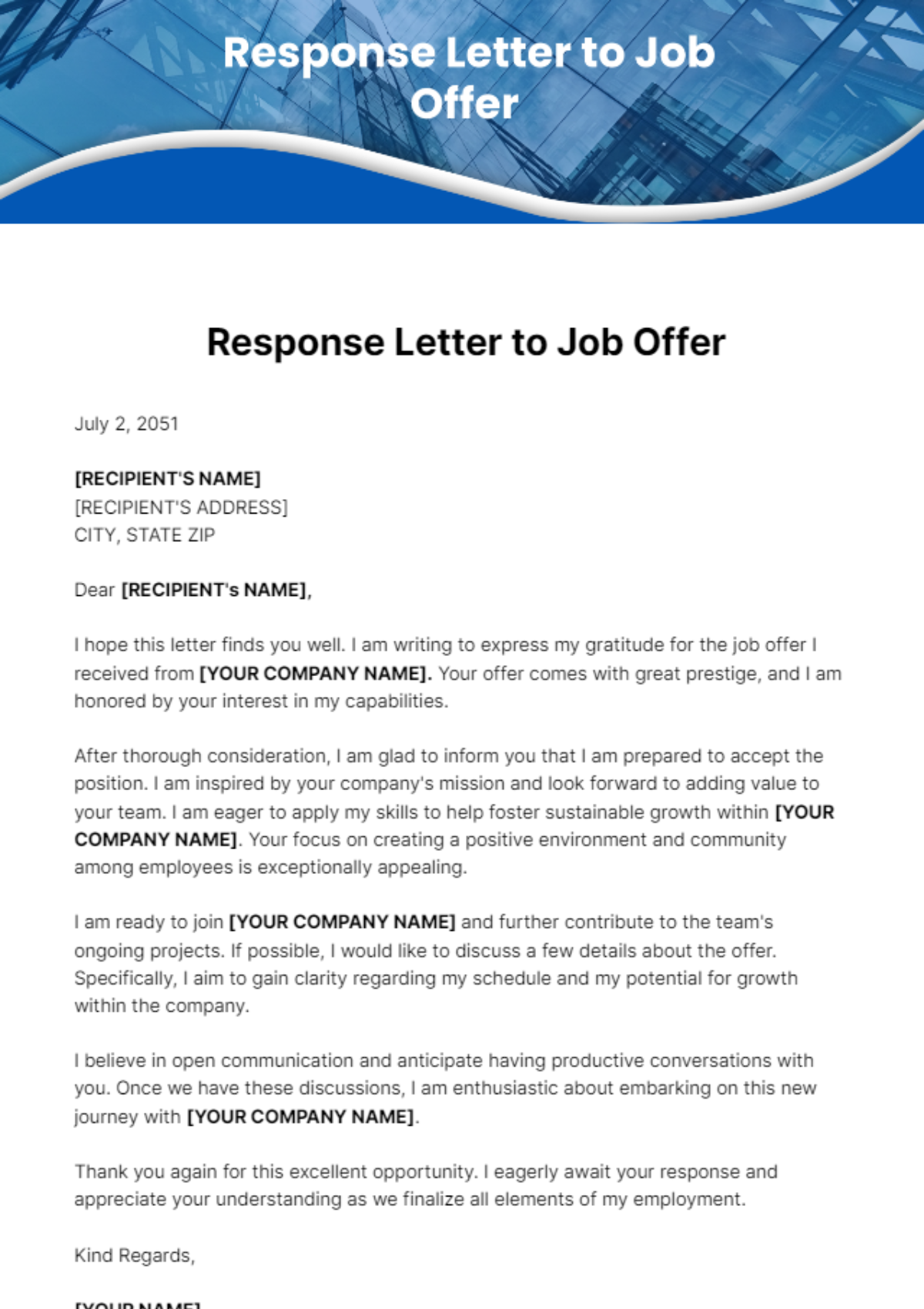 Response Letter to Job Offer Template