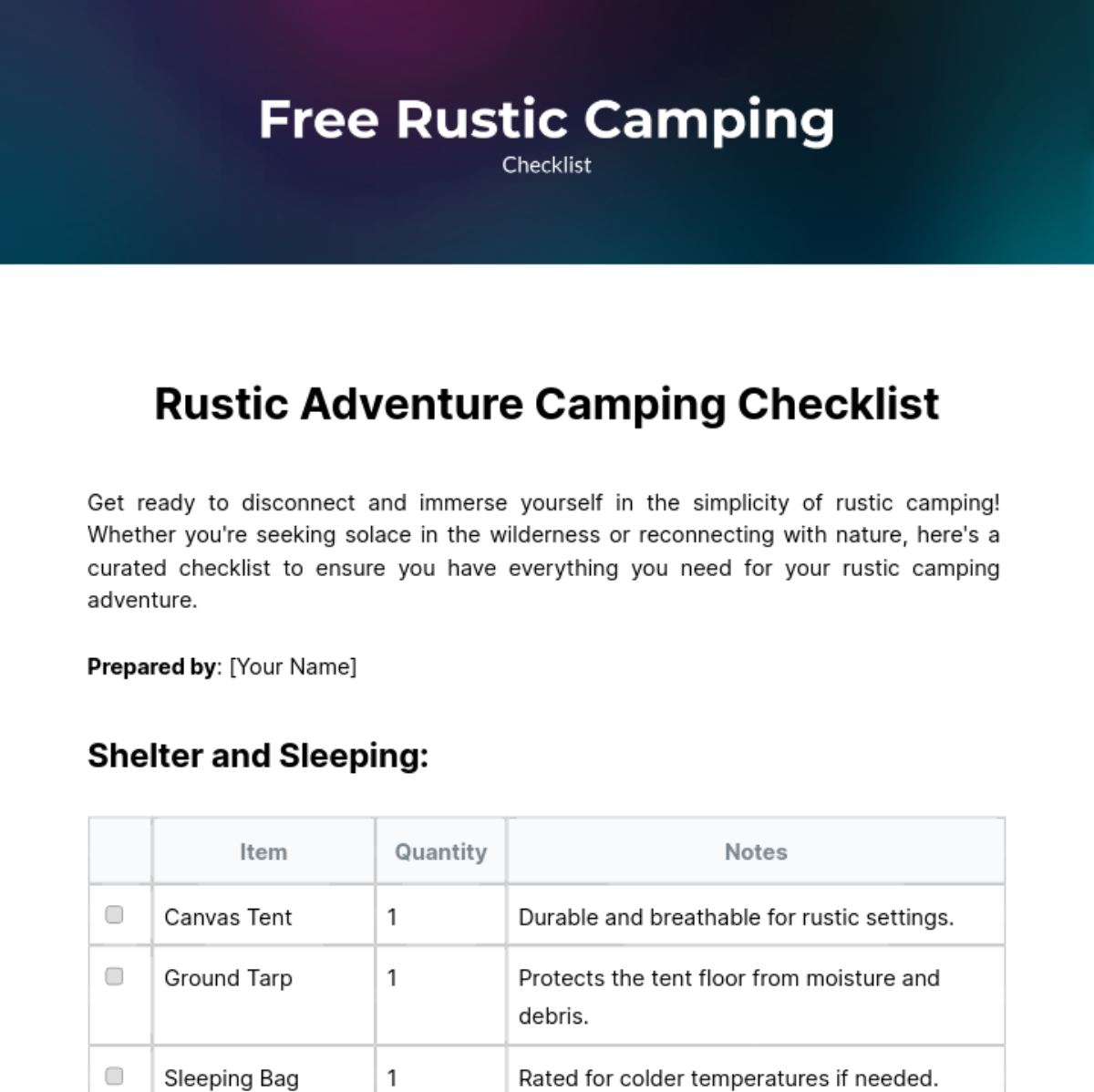 Rustic Camping Checklist Template