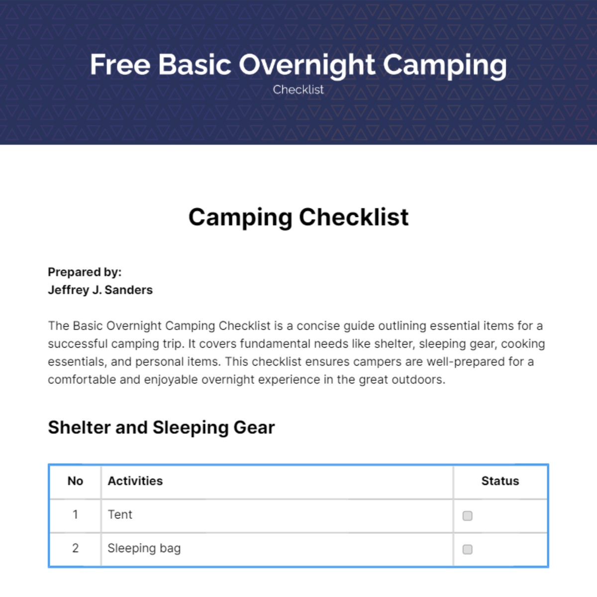 Free Basic Overnight Camping Checklist Template