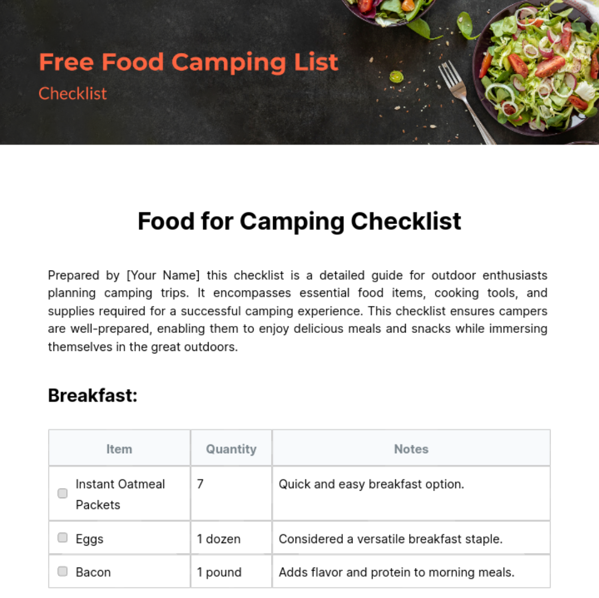 Free Food Camping List Checklist Template