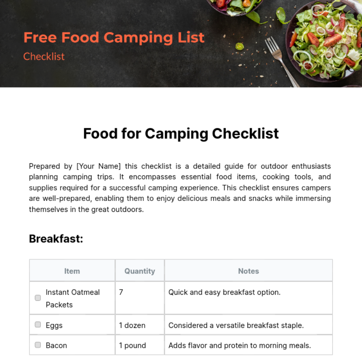 Food Camping List Checklist Template - Edit Online & Download