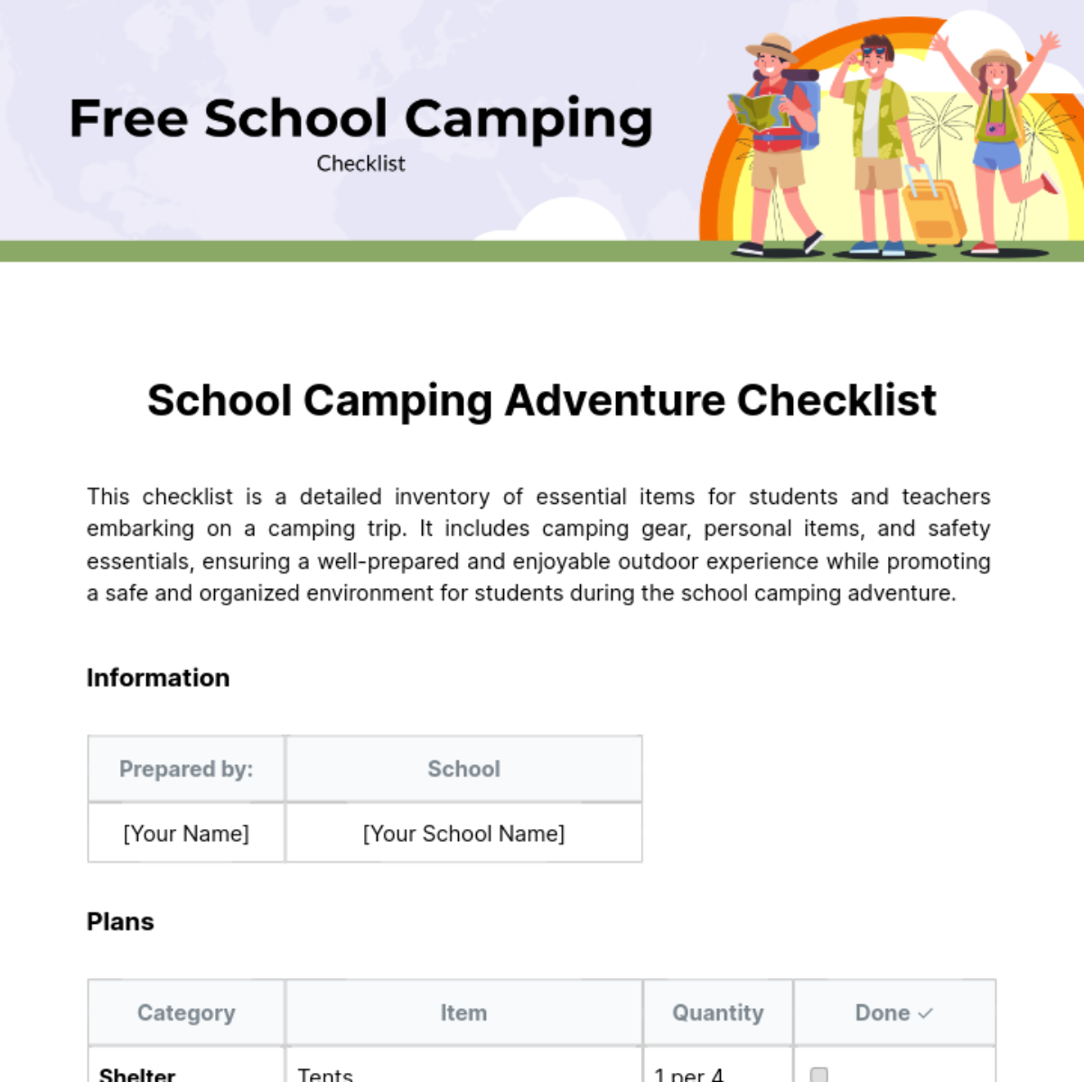 School Camping Checklist Template